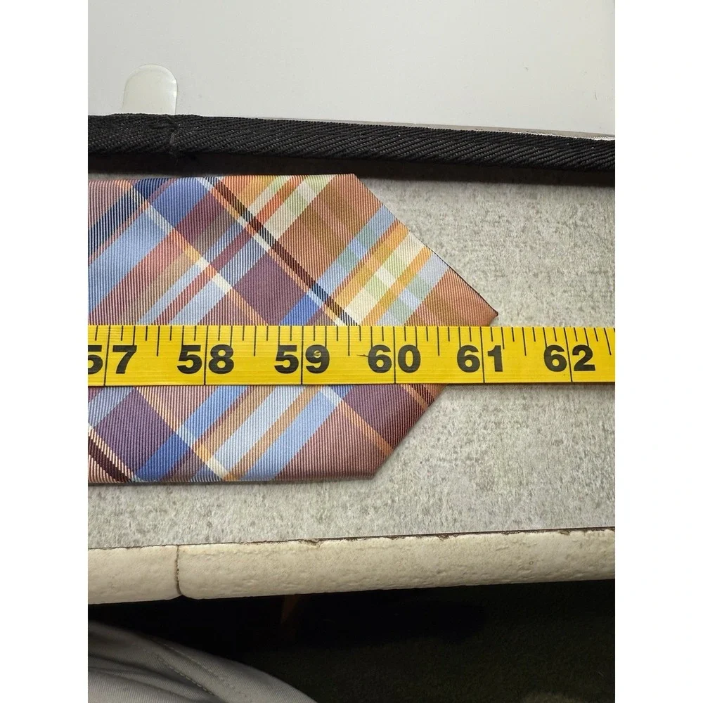 Tommy Hilfiger 100% Silk Plaid Tie Blue Brown Orange Madras Style‎ 61